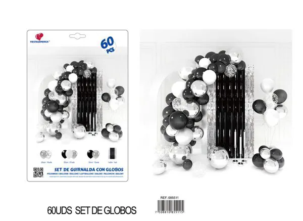 Set de cortina metálica de lluvia y cadena de globos, negro con plateado, 60 piezas