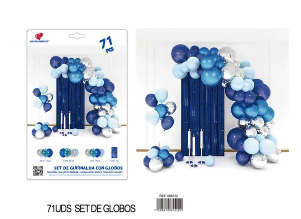 Set de cortina metálica de lluvia y cadena de globos, azul rey, 71 piezas