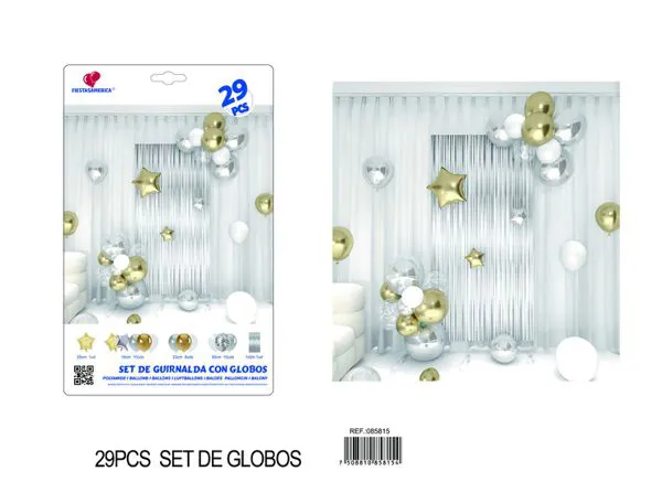 Set de cortina metálica de lluvia y cadena de globos, color plateado, 29 piezas