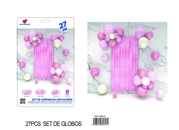Set de cortina metálica de lluvia rosa con cadena de globos multicolor, 27 piezas