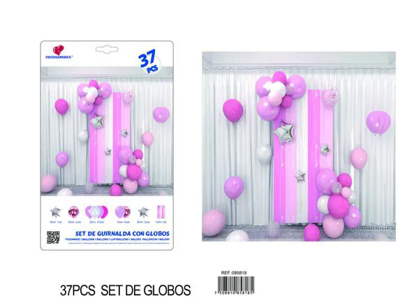 Set de cortina metálica de lluvia y cadena de globos, rosa con blanco, 37 piezas