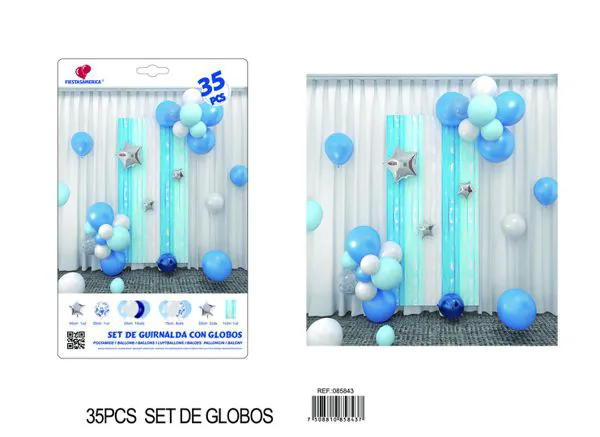 Set de cortina metálica de lluvia y cadena de globos, azul con blanco, 35 piezas