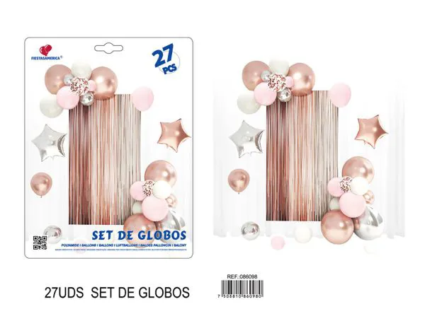 Set de cortina metálica de lluvia y globos, oro rosa, 27 piezas