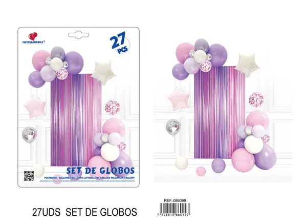Set de cortina metálica de lluvia y globos, degradado rosa a morado, 27 piezas