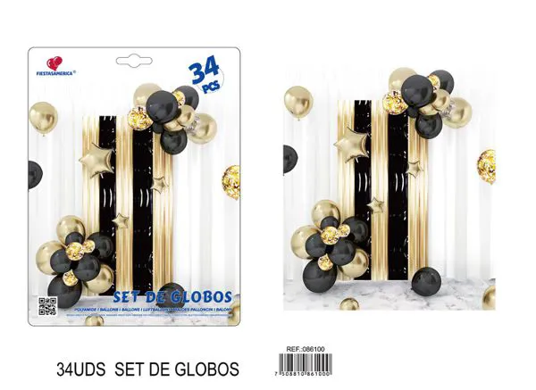 Set de cortina metálica de lluvia y globos, negro con dorado, 34 piezas