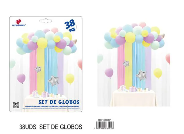 Set de cortina metálica de lluvia y globos, color macaron, 38 piezas