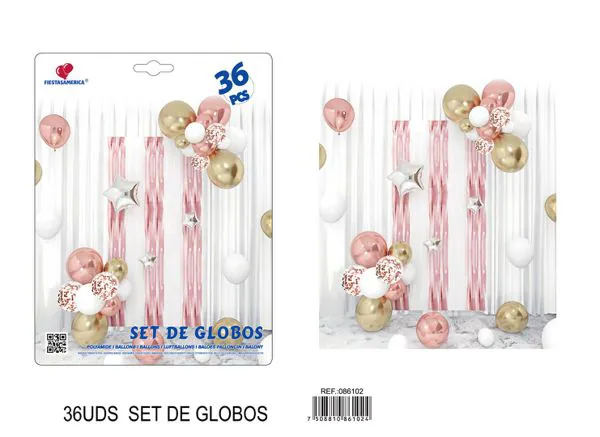 Set de cortina metálica de lluvia y globos, oro rosa, 36 piezas