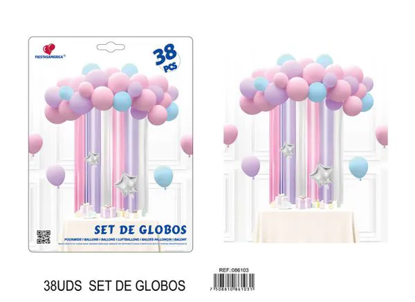 Set de cortina metálica de lluvia y globos, color macaron, 38 piezas
