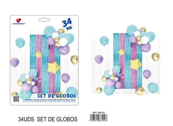 Set de cortina metálica de lluvia y globos, azul con morado, 34 piezas