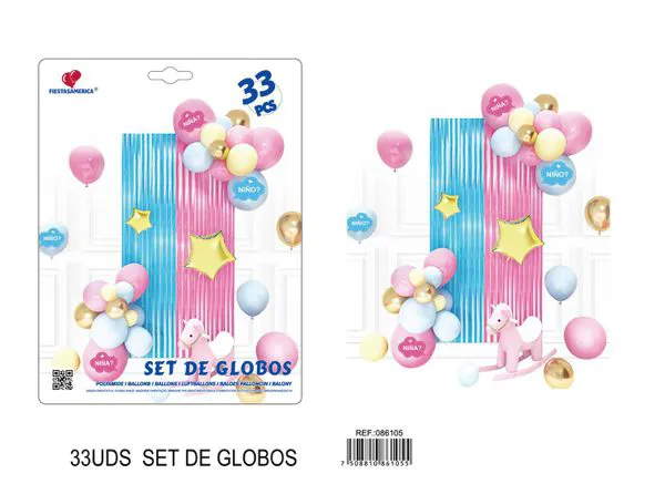 Set de cortina metálica de lluvia y globos, azul con rosa, 33 piezas