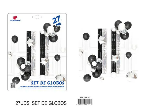 Set de cortina metálica de lluvia y globos, negro, plateado y blanco, 27 piezas