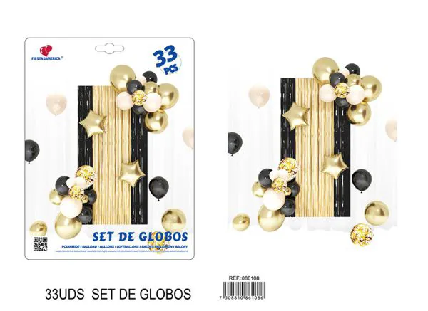 Set de cortina metálica de lluvia y globos, negro con dorado, 33 piezas