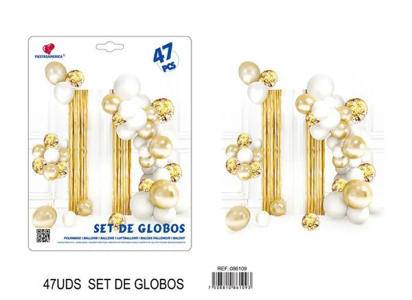 Set de cortina metálica de lluvia y cadena de globos, dorado con blanco, 47 piezas