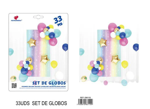 Set de cortina metálica de lluvia y cadena de globos, multicolor brillante, 33 piezas