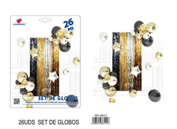 Set de cortina metálica de lluvia y globos, negro con dorado, 33 piezas