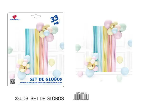 Set de cortina metálica de lluvia y cadena de globos, multicolor, 33 piezas