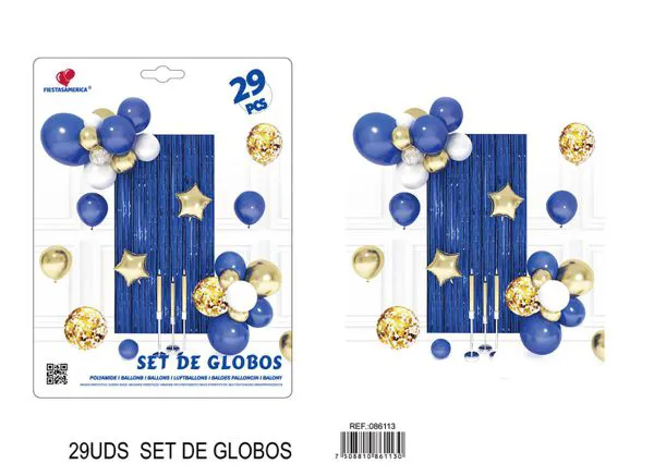Set de cortina metálica de lluvia y globos, azul rey, 29 piezas