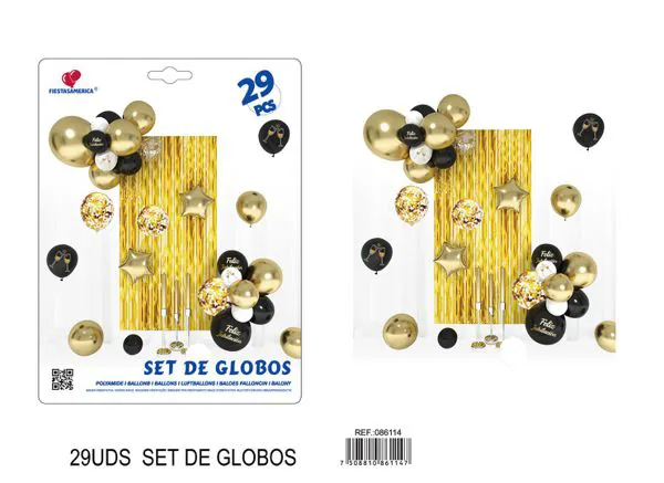 Set de cortina metálica de lluvia y globos, negro con dorado, 29 piezas