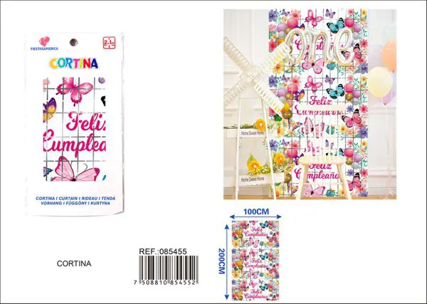 Cortina metálica de lluvia de cuadros grandes con mariposas y texto en español 1x2 m, blanco, grosor 1.6
