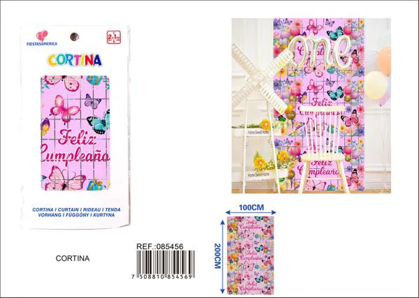 Cortina metálica de lluvia de cuadros grandes con mariposas y texto en español 1x2 m, rosa, grosor 1.6