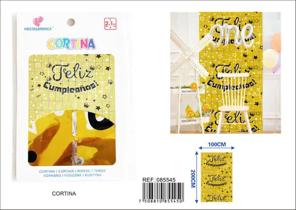 Cortina metálica de lluvia Feliz Cumpleaños 2x1 m, dorado, grosor 2