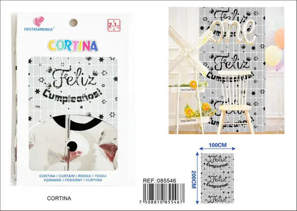 Cortina metálica de lluvia Feliz Cumpleaños 2x1 m, plateado, grosor 2