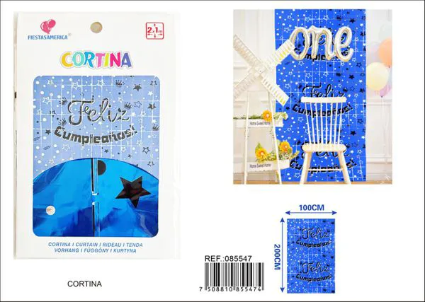 Cortina metálica de lluvia Feliz Cumpleaños 2x1 m, azul, grosor 2