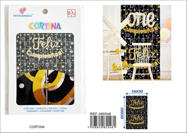 Cortina metálica de lluvia Feliz Cumpleaños 2x1 m, negro, grosor 2