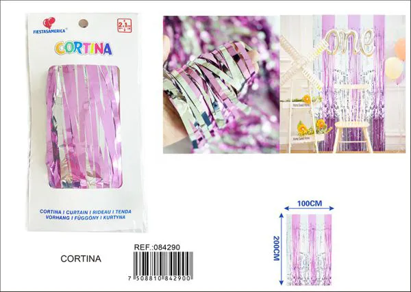 Cortina metálica de lluvia brillante 1x2 m, plateado y rosa bebé, grosor 2