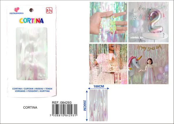 Cortina metálica de lluvia 1x2 m, transparente iridiscente multicolor, grosor 3