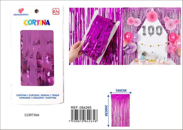 Cortina metálica de lluvia brillante 1x2 m, rosa fucsia, grosor 1.6