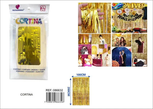 Cortina metálica de lluvia brillante 1x2 m, dorado, grosor 1.3
