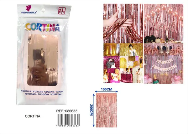 Cortina metálica de lluvia brillante 1x2 m, oro rosa, grosor 1.3