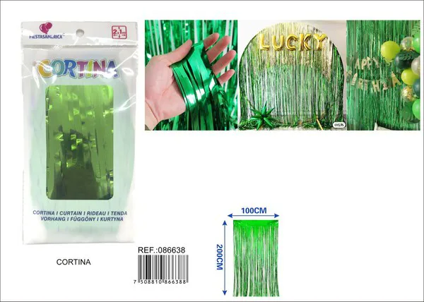 Cortina metálica de lluvia brillante 1x2 m, verde manzana, grosor 1.3