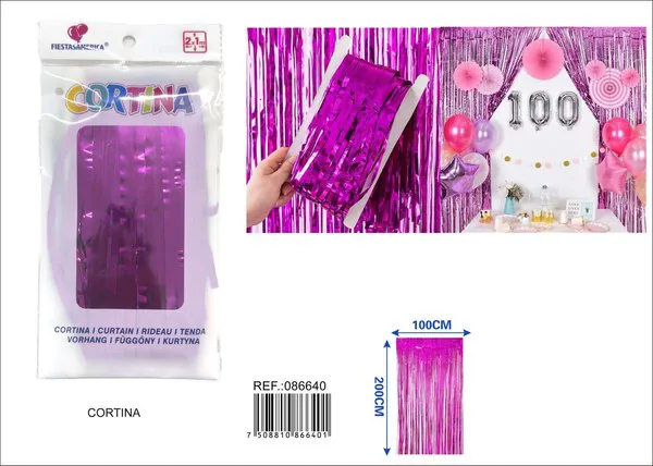 Cortina metálica de lluvia brillante 1x2 m, rosa fucsia, grosor 1.3