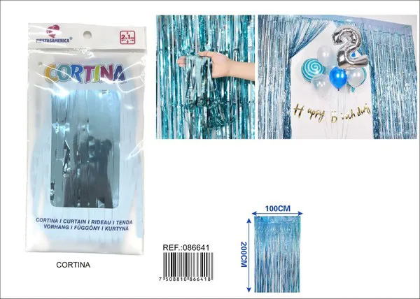 Cortina metálica de lluvia brillante 1x2 m, azul turquesa, grosor 1.3