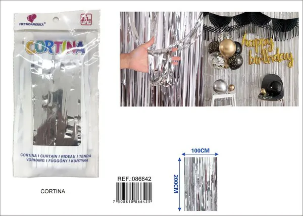 Cortina metálica de lluvia brillante 1x2 m, plateado, grosor 1.3