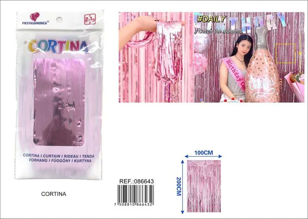 Cortina metálica de lluvia brillante 1x2 m, rosa claro, grosor 1.3