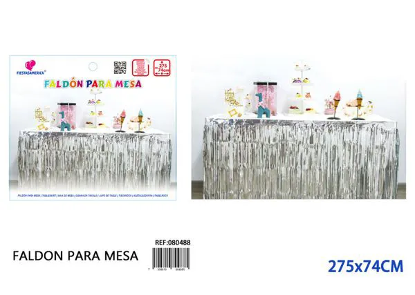 Faldón de mesa de lluvia de PET de 2.75 m x 74 cm, grosor 1.6, color plateado