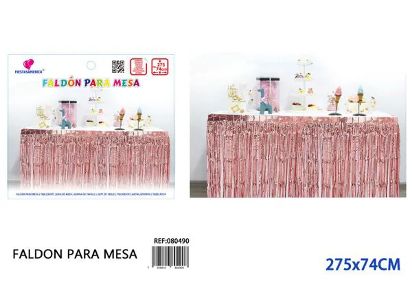 Faldón de mesa de lluvia de PET de 2.75 m x 74 cm, grosor 1.6, color oro rosa