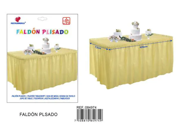 Faldón de mesa de PE biodegradable color dorado, 73x426 cm, grosor 3