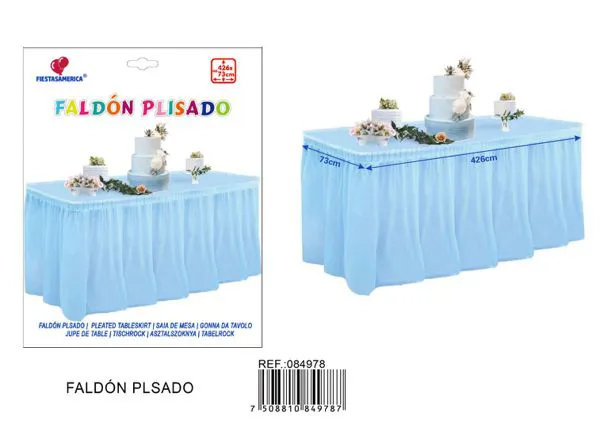 Faldón de mesa de PE biodegradable color azul claro, 73x426 cm, grosor 3