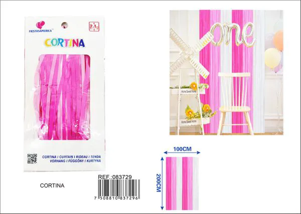 Cortina metálica de lluvia de 1x2 m, tiras de 1 cm de ancho, grosor 1.6, degradado rosa de 3 secciones (rosa oscuro, rosa claro y blanco)