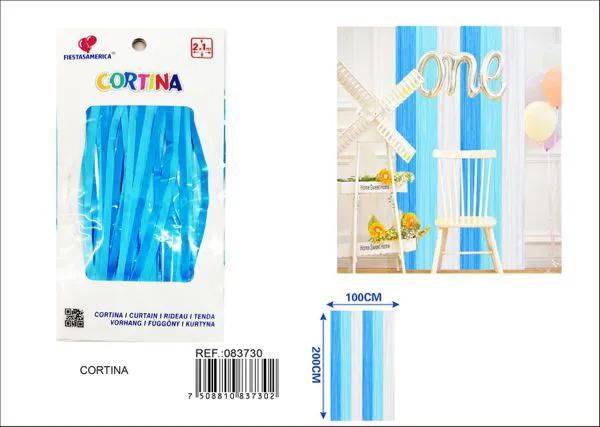 Cortina metálica de lluvia de 1x2 m, tiras de 1 cm de ancho, grosor 1.6, degradado azul de 3 secciones (azul cielo, azul claro y blanco)