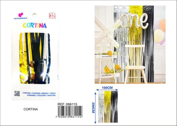 Cortina metálica de lluvia de 1x2 m, grosor 1.6, 3 secciones de colores plateado, dorado y negro