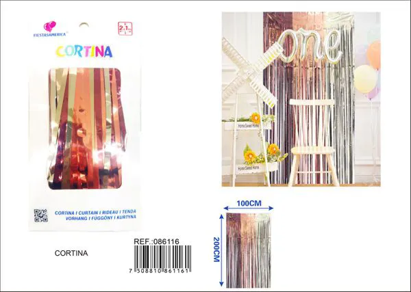 Cortina metálica de lluvia de 1x2 m, grosor 1.6, 3 secciones de colores oro rosa oscuro, oro rosa claro y dorado champán