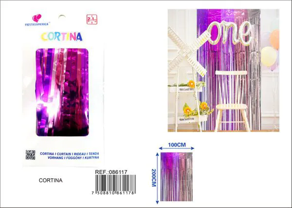 Cortina metálica de lluvia de 1x2 m, grosor 1.6, 5 secciones de colores morado oscuro, rosa fuerte, morado claro, rosa oscuro y rosa claro