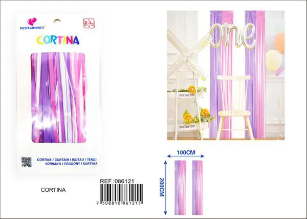 Cortina metálica de lluvia de 1x2 m, grosor 1.6, 6 secciones color macaron rosa, morado y blanco