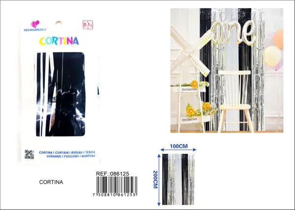 Cortina metálica de lluvia de 1x2 m, grosor 1.6, 5 secciones de colores negro, plateado y blanco
