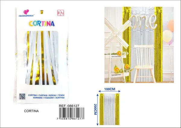 Cortina metálica de lluvia de 1x2 m, grosor 1.6, 3 secciones de colores dorado, blanco y dorado